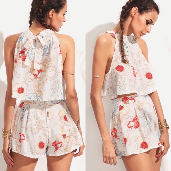 Two Piece Sleeveless Floral Tie Back Halter Romper - Picture 2 of 5